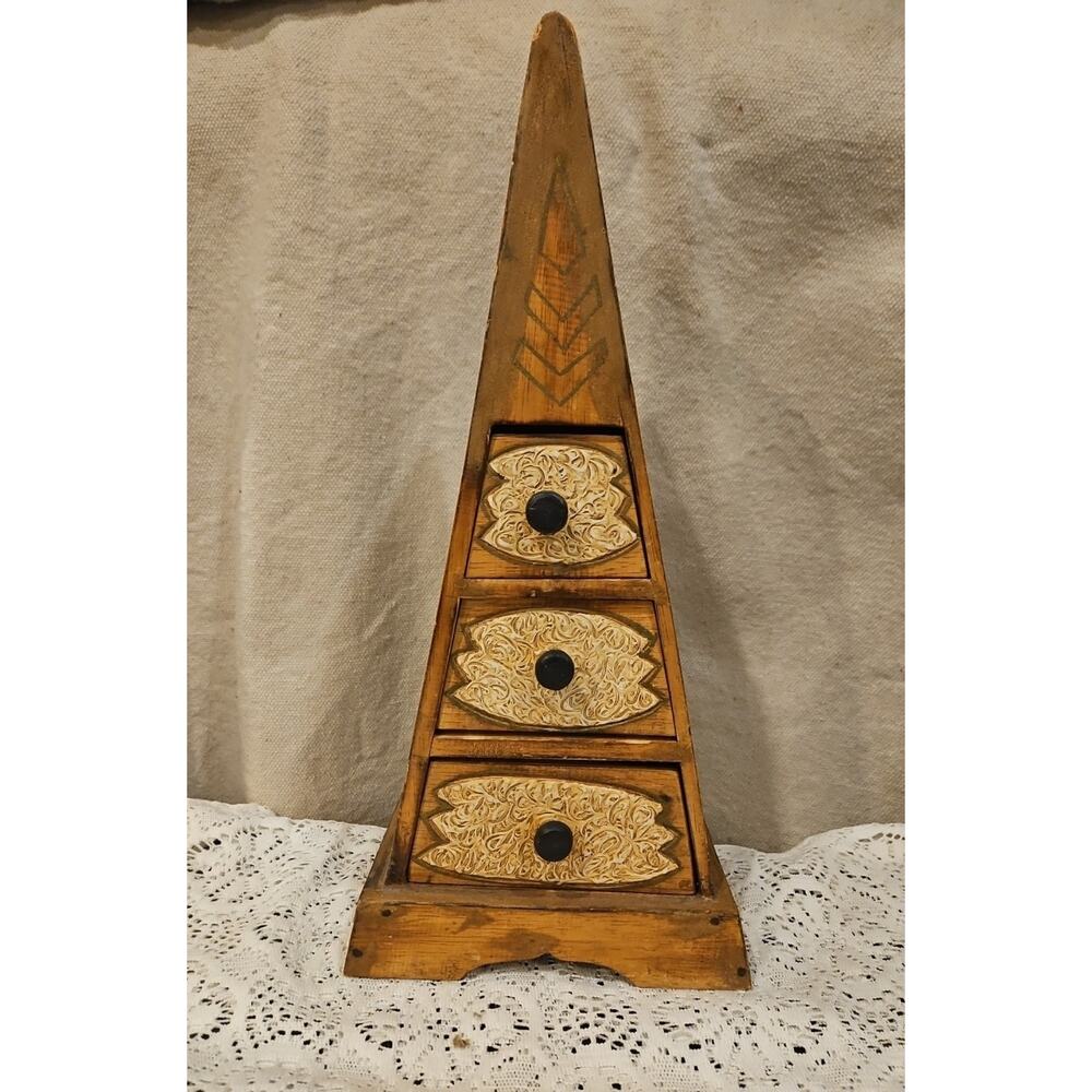 Vintage Wooden Pyramid Style Set of 3 Drawers Aztec Style 19"H x 8.5 W x 5.5"D